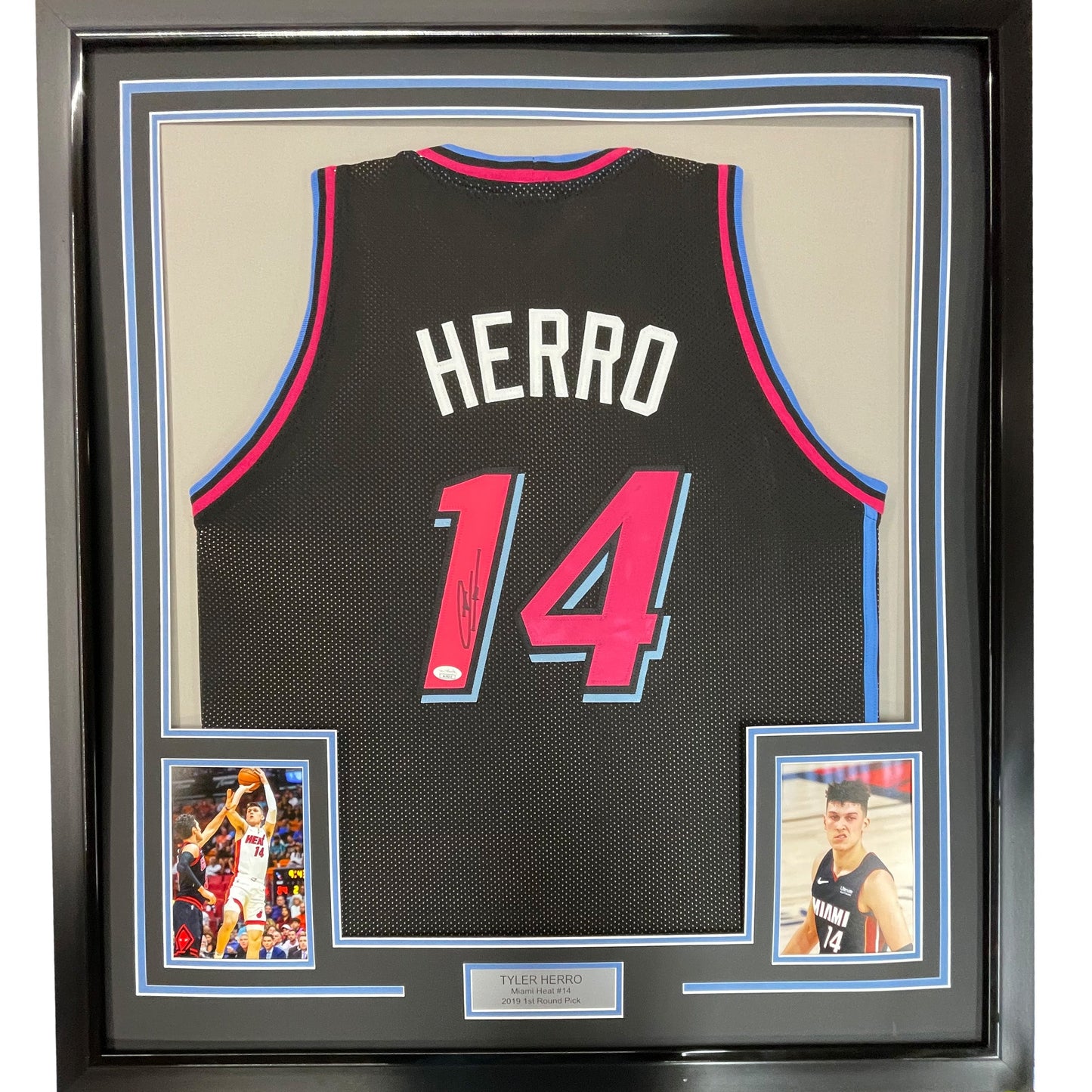 Framed Autographed/Signed Tyler Herro 35x39 Miami Heat Black Vice City Basketball Jersey JSA COA