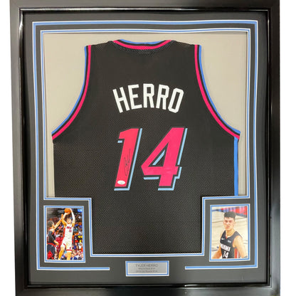 Framed Autographed/Signed Tyler Herro 35x39 Miami Heat Black Vice City Basketball Jersey JSA COA