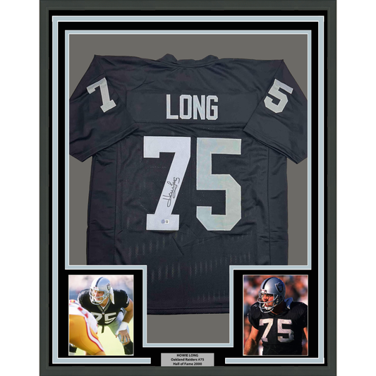 Black autographed Howie Long Oakland Raiders #75 jersey displayed in frame with two action photos and nameplate below.