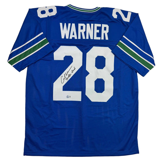 Autographed/Signed Curt Warner "3x Pro Bowl" Seattle Blue Retro Football Jersey Beckett BAS COA
