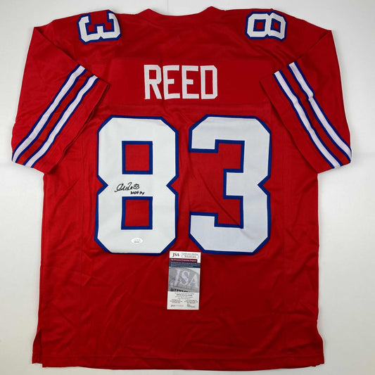 Red Buffalo Bills jersey number 83 with "REED" nameplate, signed and authenticated with JSA certificate visible at bottom.