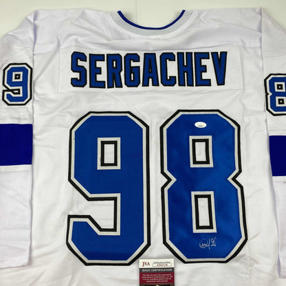 Autographed/Signed Mikhail Sergachev Tampa Bay Lightning White Hockey Jersey JSA COA