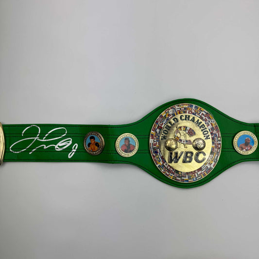 Green WBC championship belt with gold center plate and signature, displayed flat against white background showing front face view.