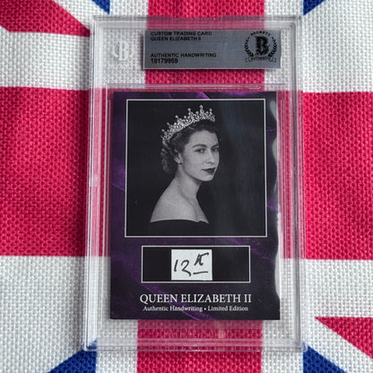Beckett-authenticated Queen Elizabeth II handwriting trading card in clear case displayed against Union Jack background, showing black-and-white portrait photograph with tiara and handwritten signature.