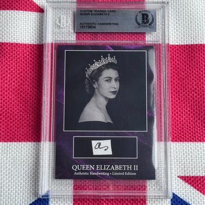 Beckett-authenticated custom trading card of Queen Elizabeth II on Union Jack fabric background, featuring black-and-white portrait and handwritten signature.