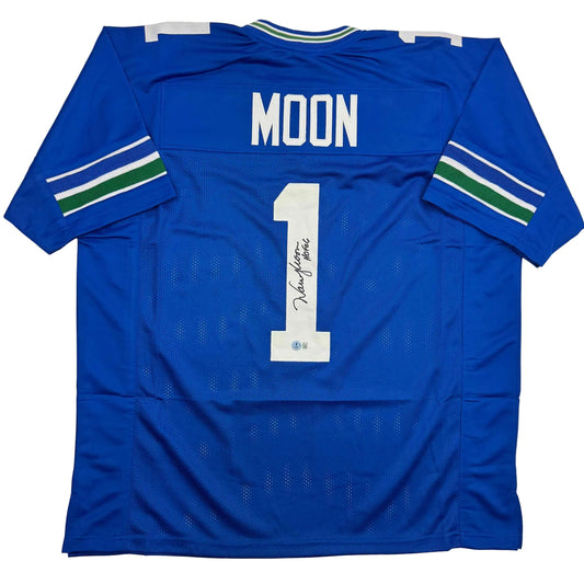 Blue Seattle Seahawks jersey number 1 with "MOON" nameplate and autographed signature on back, displayed flat.