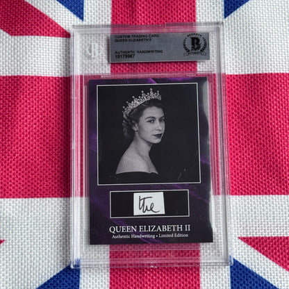 Authenticated trading card featuring Queen Elizabeth II portrait with tiara and handwritten signature on black mount, displayed against Union Jack background.