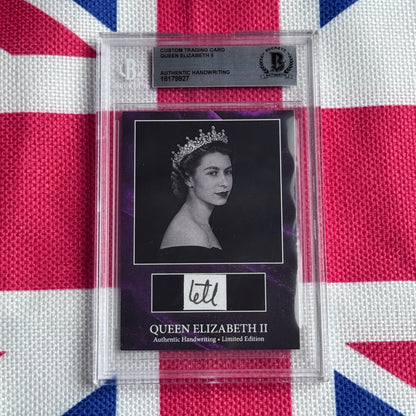 Beckett-authenticated trading card featuring Queen Elizabeth II portrait with tiara and handwritten signature on black background, displayed against Union Jack flag.