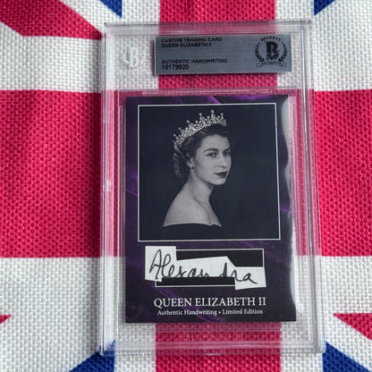 Custom trading card featuring Queen Elizabeth II portrait with tiara and authentic handwritten signature on Union Jack background.