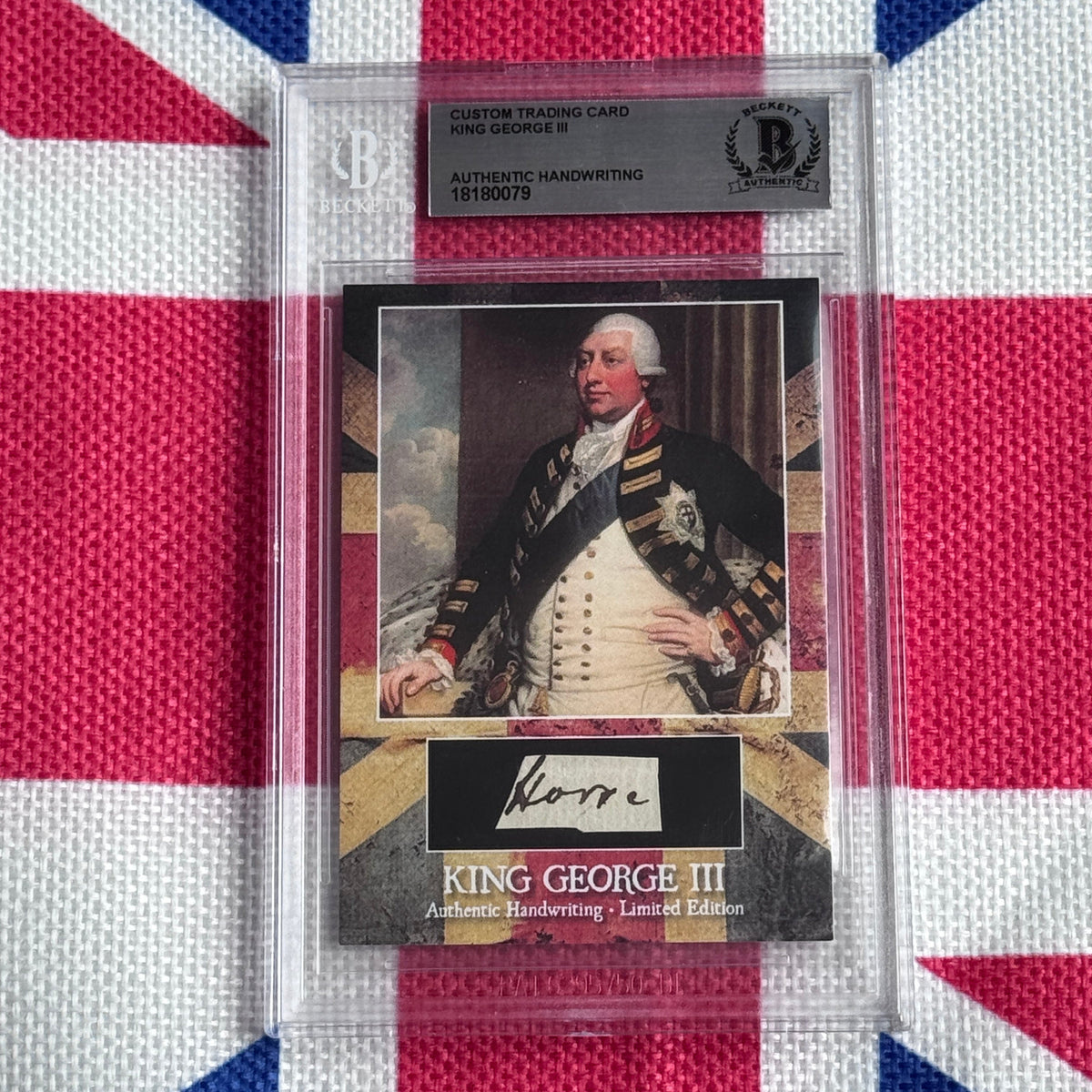 Beckett-authenticated King George III trading card featuring portrait, handwritten signature, and Union Jack flag background.