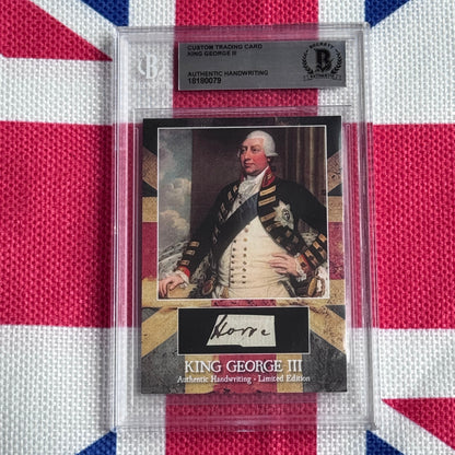 Beckett-authenticated King George III trading card featuring portrait, handwritten signature, and Union Jack flag background.