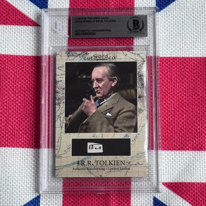 Beckett-authenticated custom trading card featuring J.R.R. Tolkien photograph with his signature on cream background, displayed against Union Jack fabric.