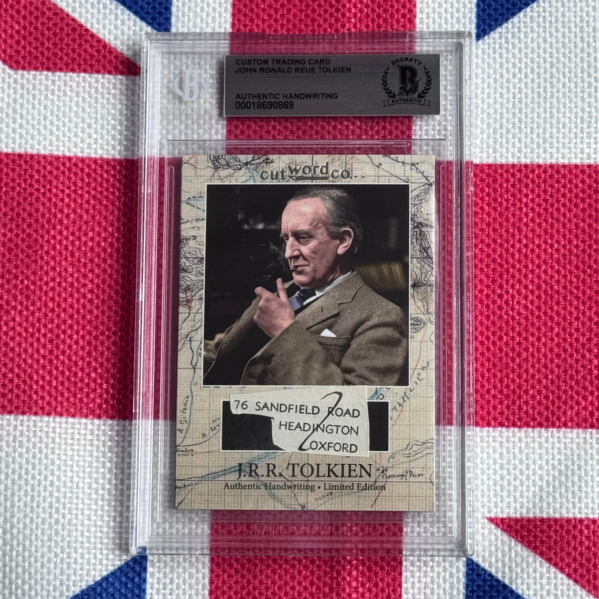 Custom trading card with authenticated handwriting of J.R.R. Tolkien, featuring his portrait and address on Union Jack background.