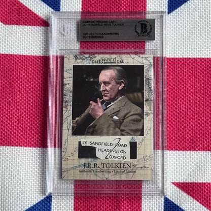 Custom trading card with authenticated handwriting of J.R.R. Tolkien, featuring his portrait and address on Union Jack background.