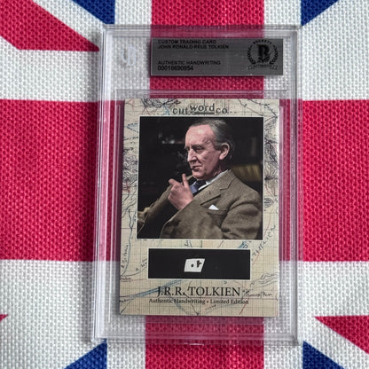 Beckett-authenticated trading card featuring J.R.R. Tolkien photograph and autograph sample on Union Jack background.