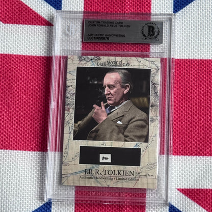 Graded trading card featuring J.R.R. Tolkien photograph and authenticated handwriting sample on map-patterned background.