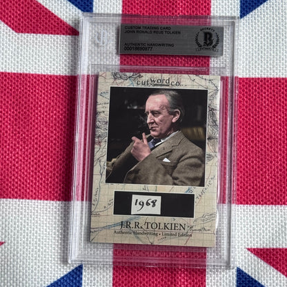 Custom trading card with authenticated handwriting of J.R.R. Tolkien, featuring a color photograph of an elderly man in a tan jacket against a Union Jack background.