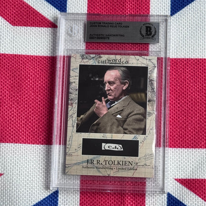 Custom trading card with authenticated J.R.R. Tolkien handwriting sample, displayed in protective case against Union Jack background.