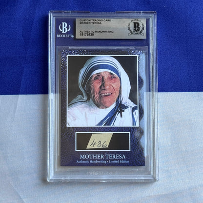 Beckett-authenticated custom trading card featuring Mother Teresa's photograph and handwritten signature, displayed in clear protective case.