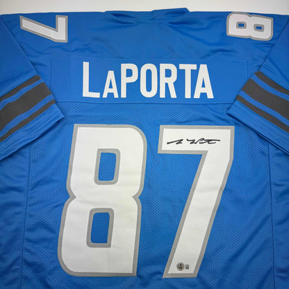 Autographed/Signed Sam LaPorta Detroit Blue Football Jersey Beckett BAS COA