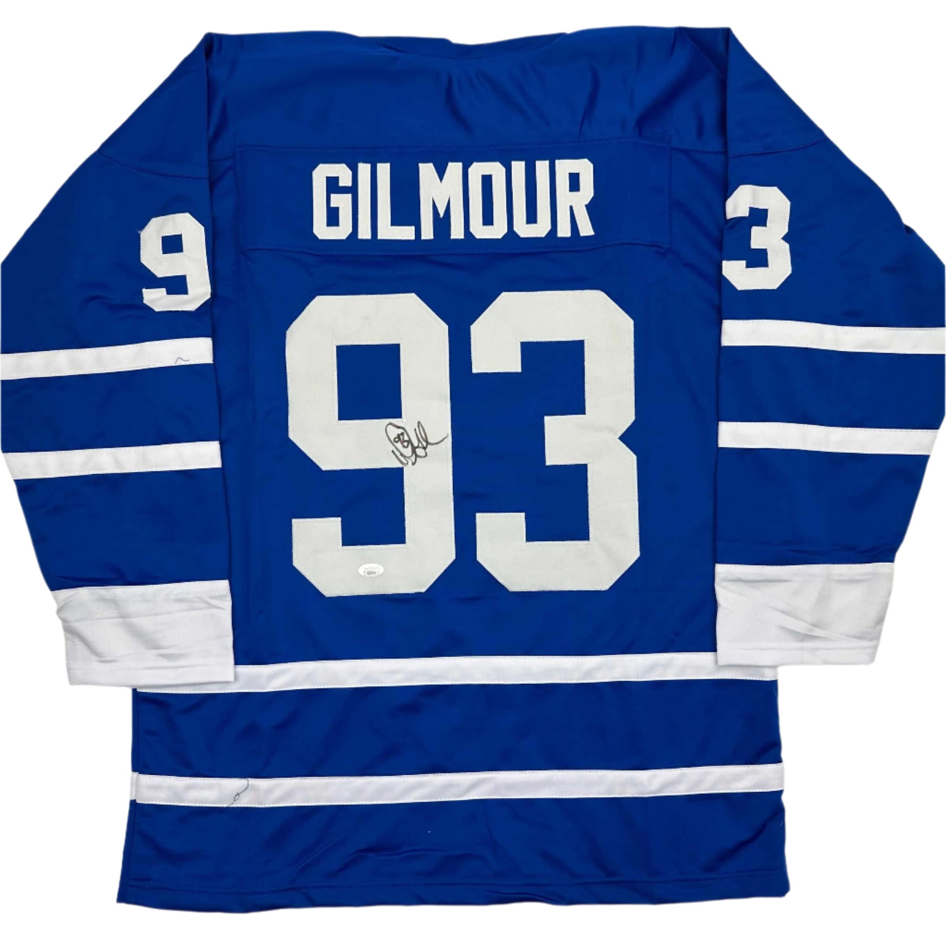 Blue Toronto Maple Leafs hockey jersey numbered 93 with "GILMOUR" nameplate, displayed flat showing back view with white horizontal stripes and autographed number.