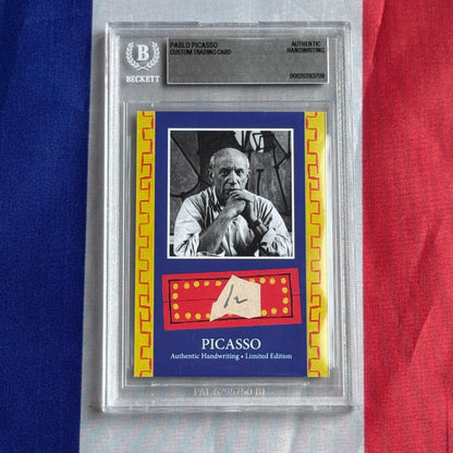 Front view of a graded card in a clear slab, showing a black-and-white portrait photo, blue border and PICASSO lettering.