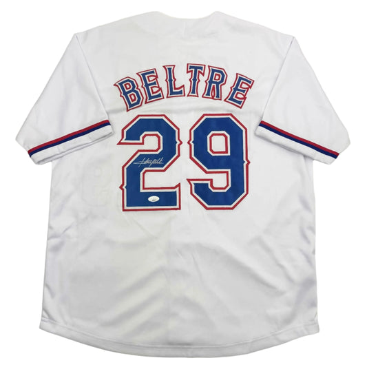 White baseball jersey front view displaying "BELTRE" and number "29" in blue with red outline, featuring navy and red sleeve stripes.