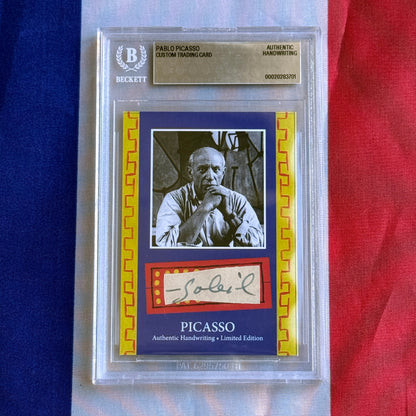 Front view of a graded card in a plastic slab, showing a black-and-white portrait photo and green handwritten signature.