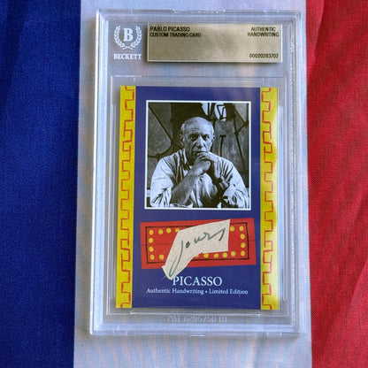 Front view of a Beckett-graded slab holding a blue card with a black-and-white portrait and a handwritten "Jours" scrap.