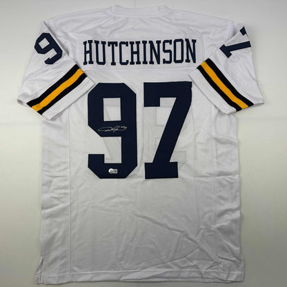 Autographed/Signed Aidan Hutchinson Michigan White College Football Jersey