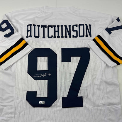 Autographed/Signed Aidan Hutchinson Michigan White College Football Jersey