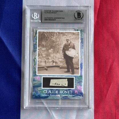 Front view of a Beckett-sealed card: sepia photo of a bearded man holding a palette, with a handwriting sample below.