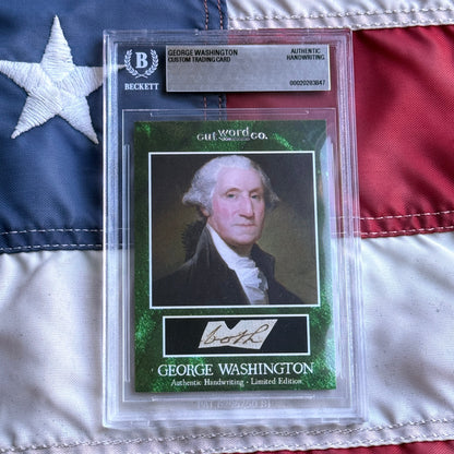 Front view of a Beckett-sealed slab on a flag, showing a green card with a portrait and cut handwriting sample.