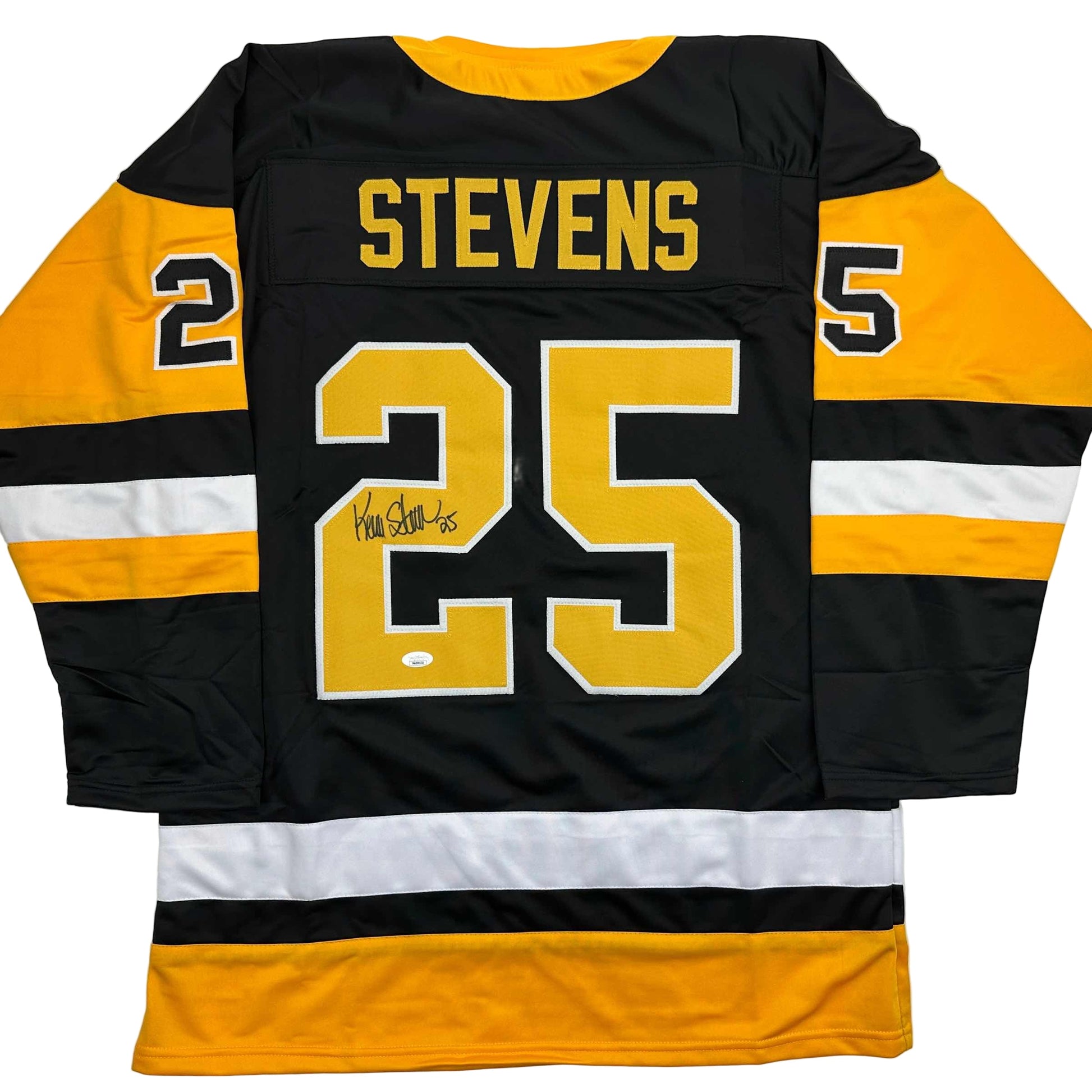 Back view of black and gold Pittsburgh Penguins hockey jersey number 25 with "STEVENS" nameplate and autograph.