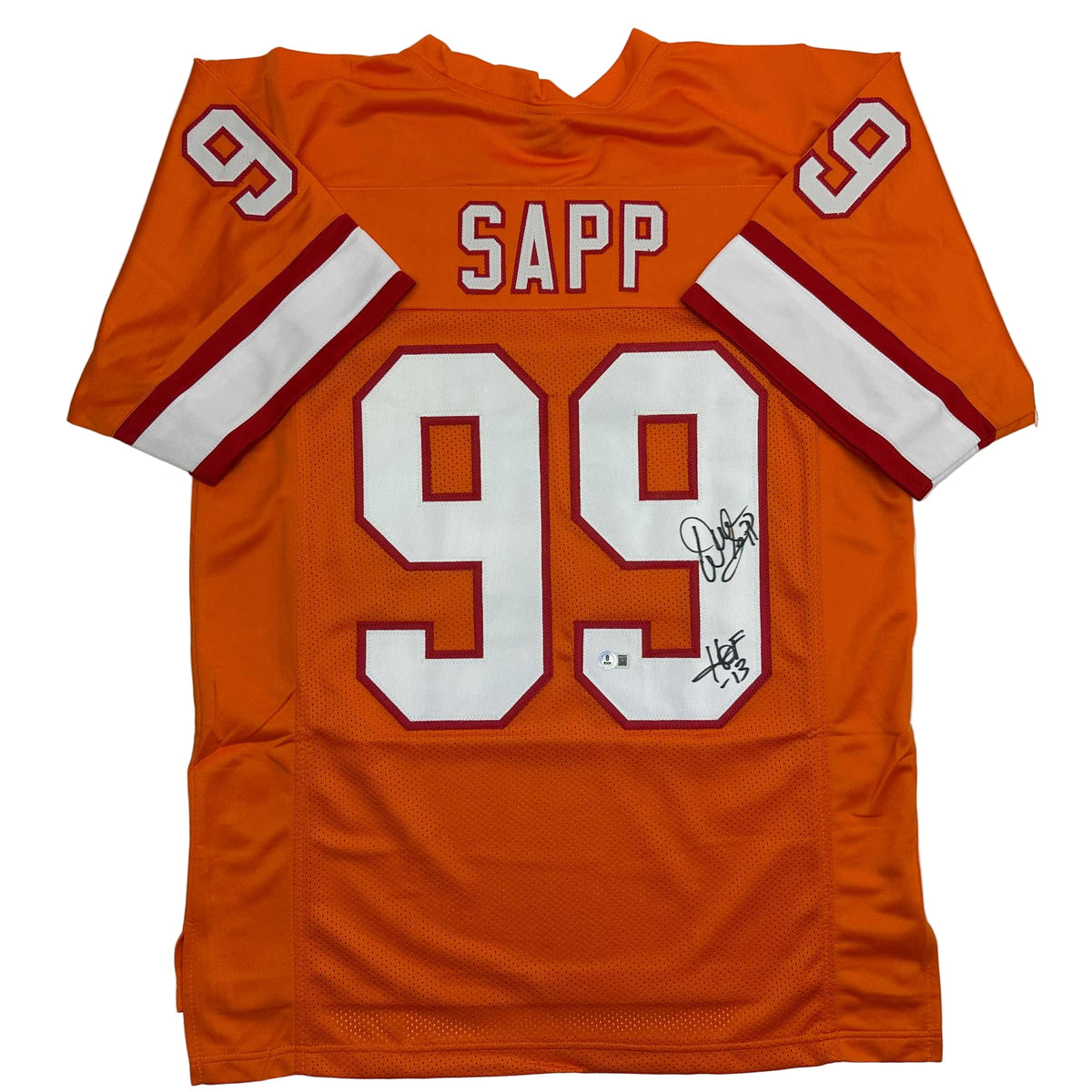 Back view of a flat-laid orange jersey with a white and red SAPP nameplate, number 99, and a black ink signature.