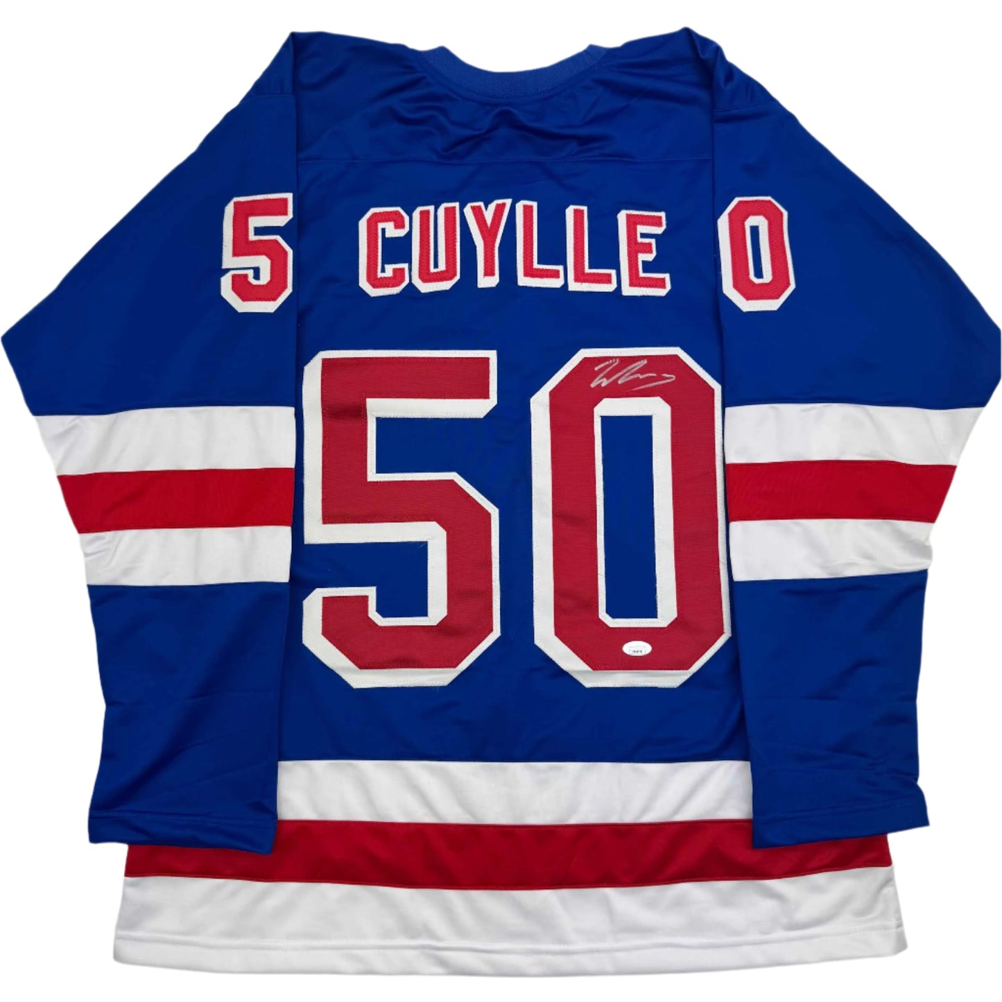 Blue New York Rangers hockey jersey with red and white stripes, displaying "CUYLLE" and number 50, shown flat lay from back view.