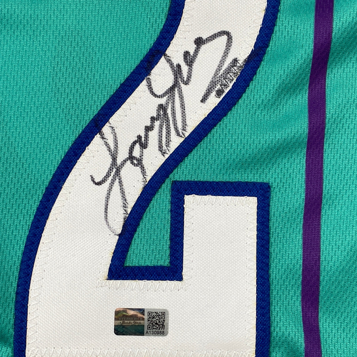 Autographed/Signed Larry Johnson Charlotte Teal Basketball Jersey