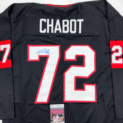 Back view of black Ottawa hockey jersey number 72 with "CHABOT" nameplate, signed in blue ink, displaying JSA authentication certificate.