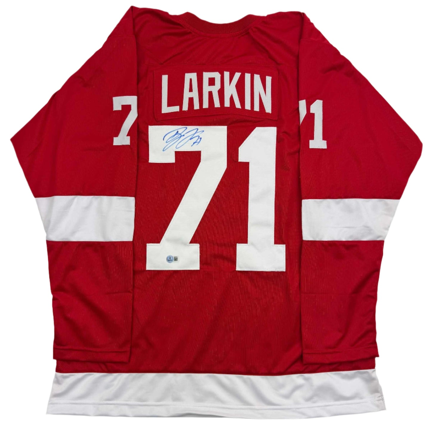 Red Detroit Red Wings hockey jersey with white stripes, displaying "LARKIN" and number 71 on back with blue autograph signature.