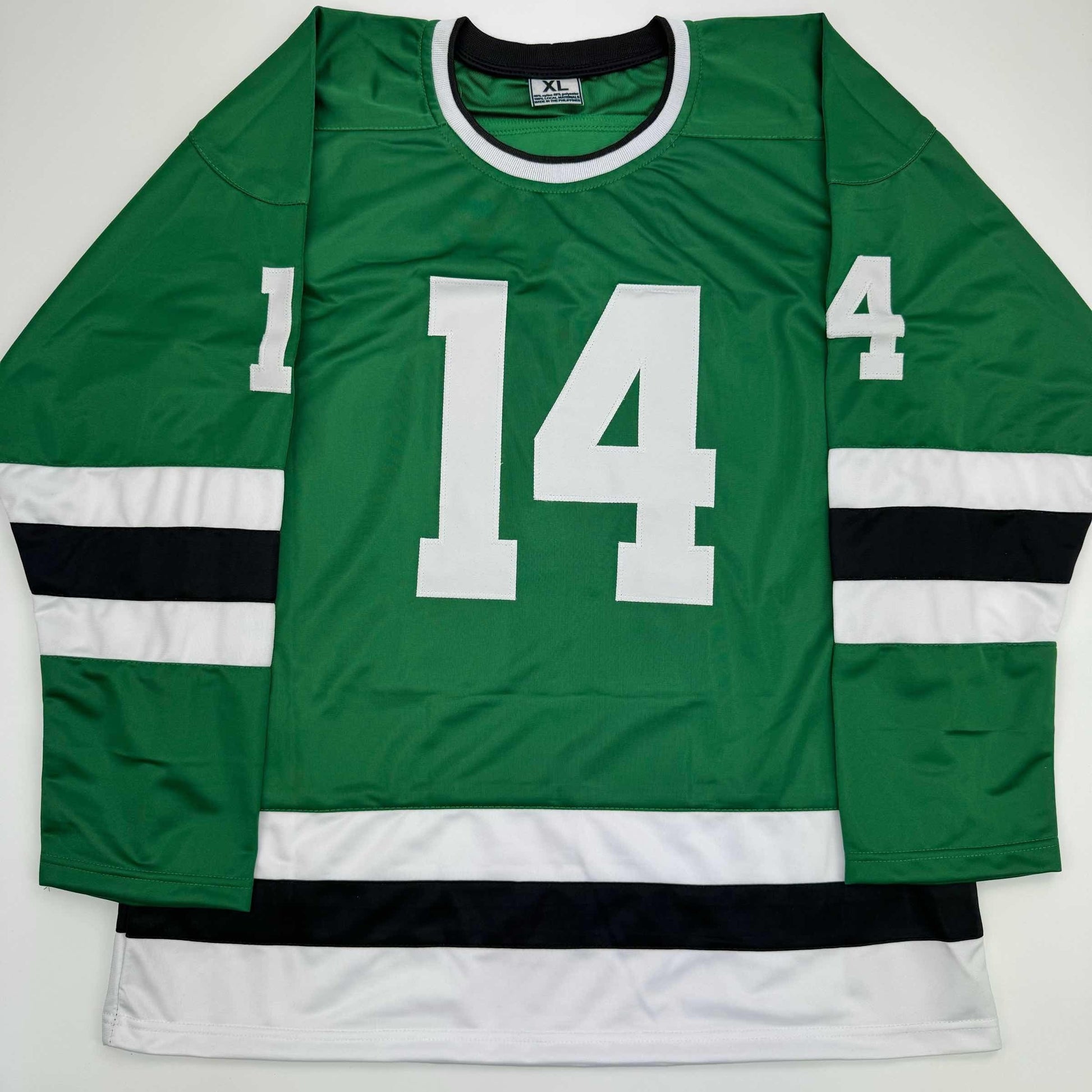 Green hockey jersey with white number 14 displayed flat against white background, showing front view with black and white striped sleeves.