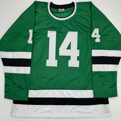 Green hockey jersey with white number 14 displayed flat against white background, showing front view with black and white striped sleeves.