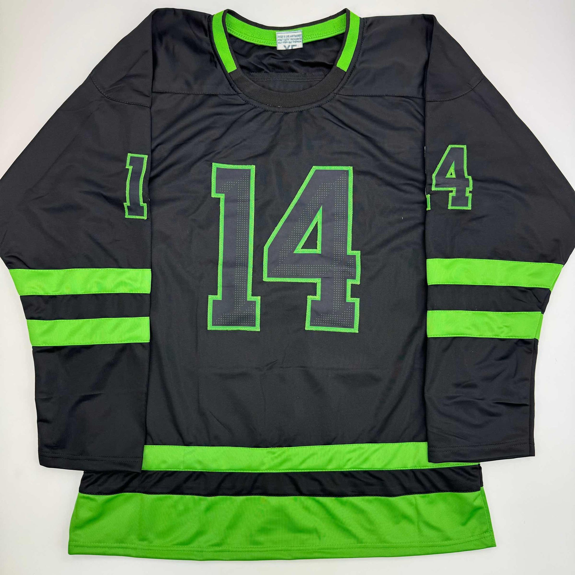 Black and neon green hockey jersey with number 14 displayed flat against white background, showing front view with striped sleeves.