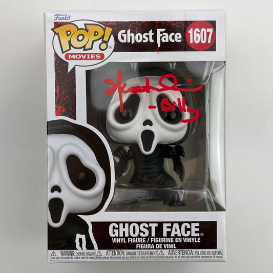 Signed Ghost Face Funko Pop #1607 in original packaging, white vinyl figure with black robe visible through clear plastic window, red autograph across face.