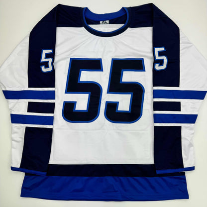 White hockey jersey with navy blue and royal blue stripes, large number 55 centered on chest, displayed flat against neutral background.