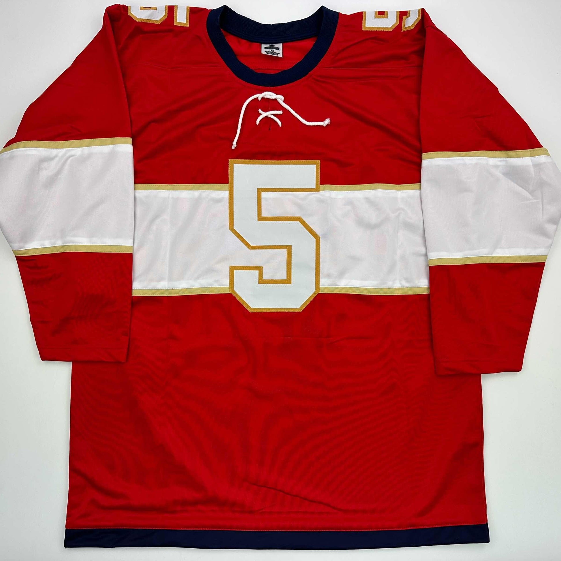 Red and white Florida hockey jersey with number 5 displayed flat against white background, front view.