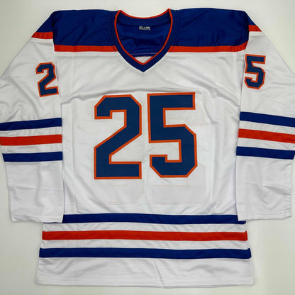 White Edmonton Oilers hockey jersey with navy and orange number 25 displayed flat, front view.