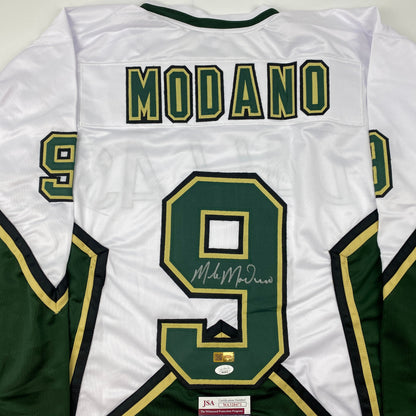 Autographed/Signed Mike Modano Dallas White Hockey Jersey Beckett BAS COA