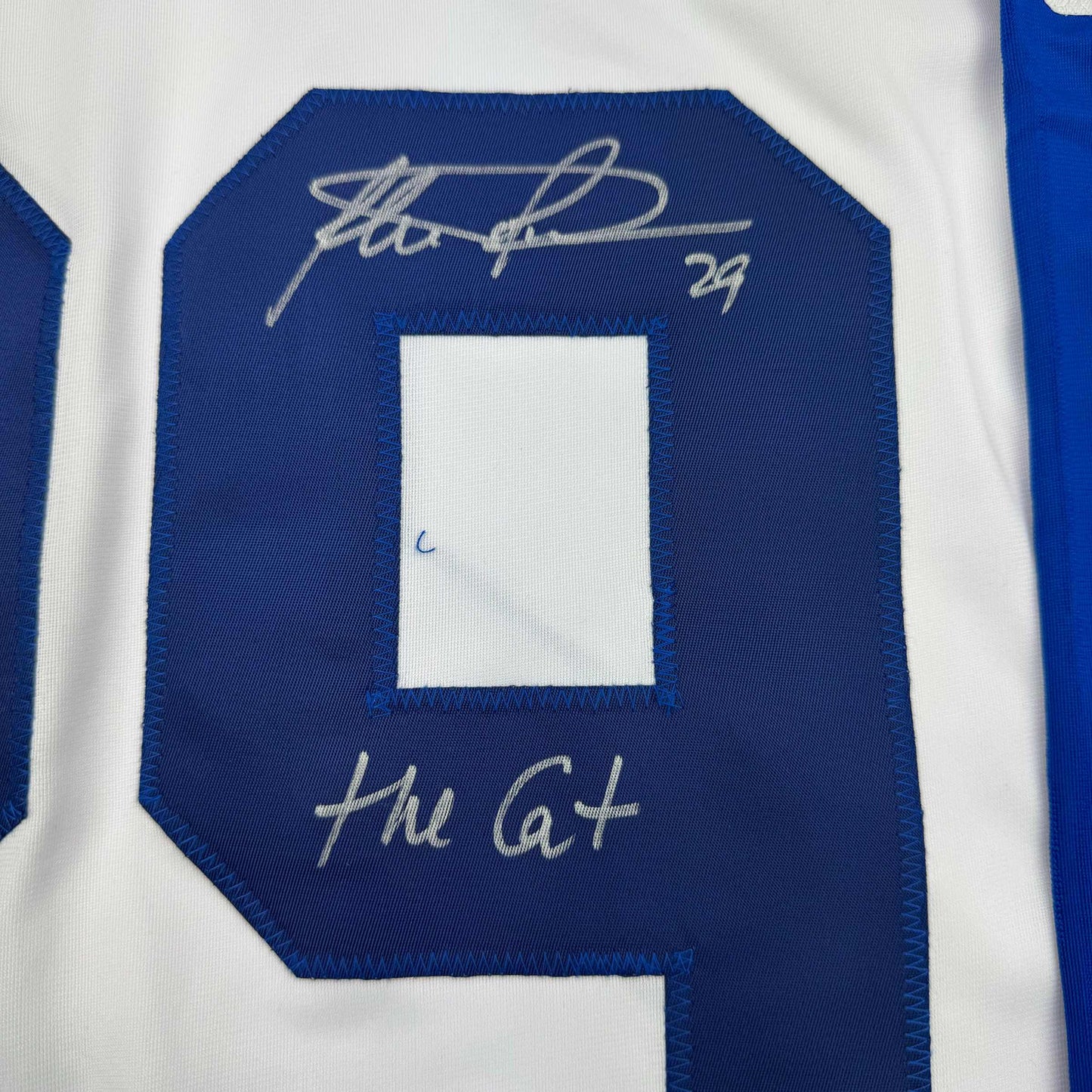 Close-up of blue hockey jersey back showing signed autograph and "Hit a+" text above white rectangular patch.