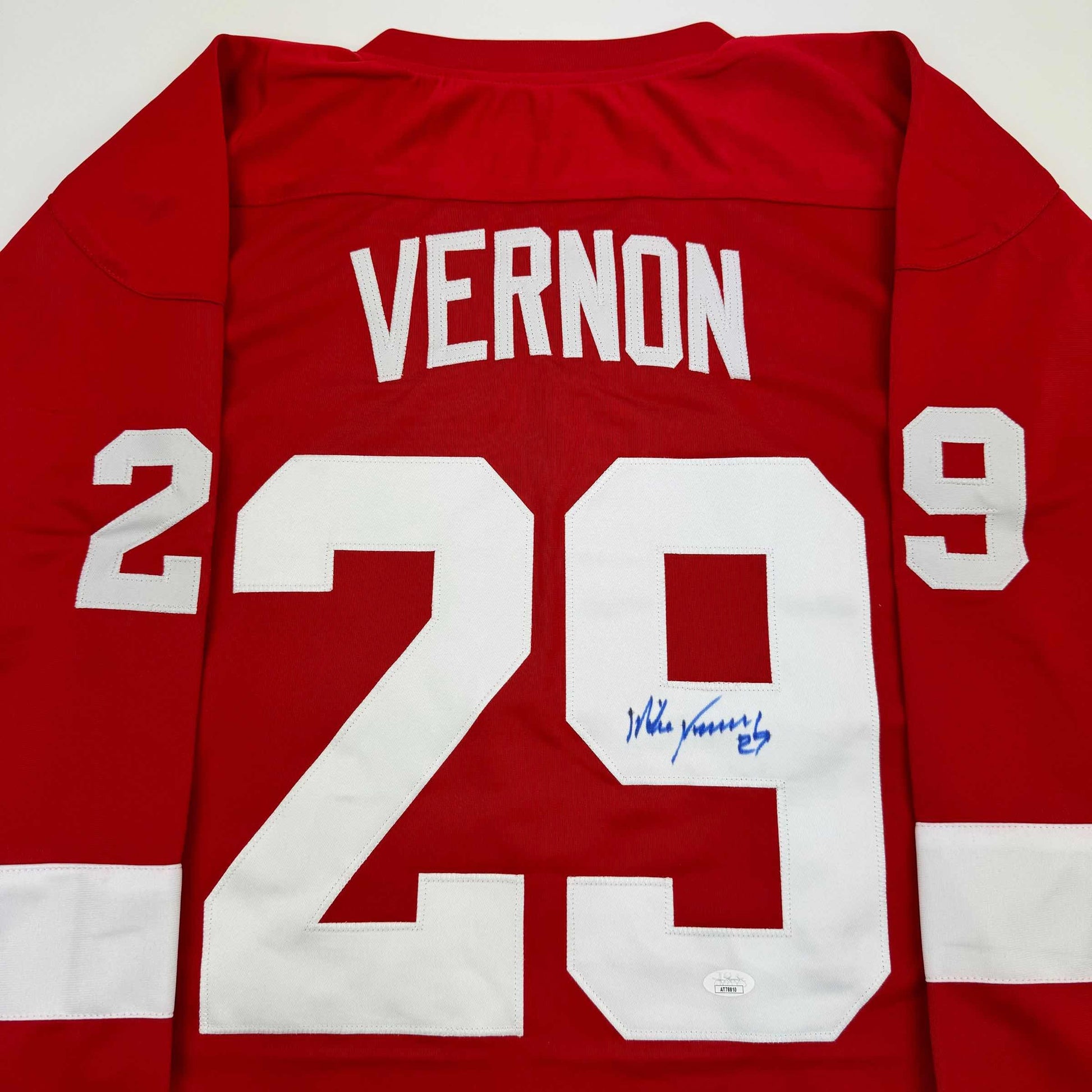 Red Detroit Red Wings jersey number 29 with "VERNON" printed across shoulders and blue autograph on white number.