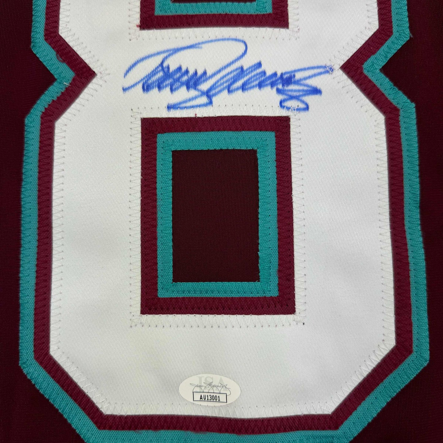 Signed Teemu Selanne Anaheim Ducks retro hockey jersey displaying maroon, teal, and white striped design with authentication sticker.